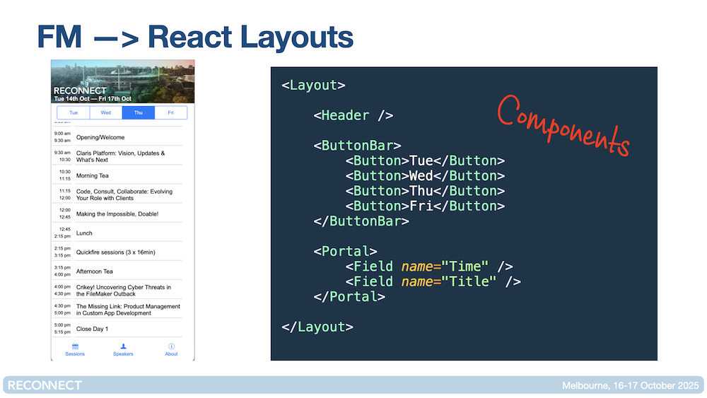 Slide showing how to represent the FileMaker layout in JSX components