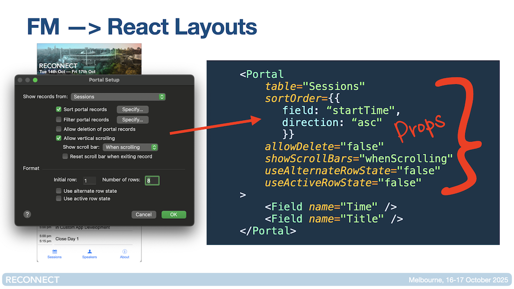 Slide showing passing props into a component, similar to selecting options on a layout element