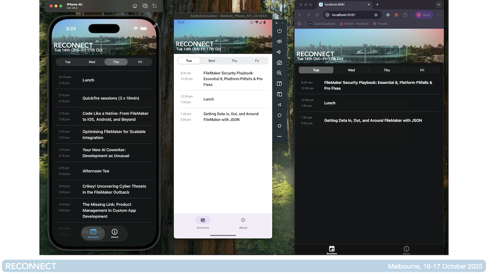 Slide showing the app running on three platforms – iOS, Android and a web site.