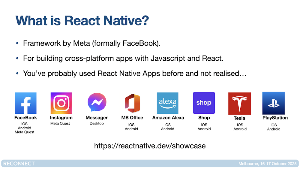 Slide showing examples of popular react native apps