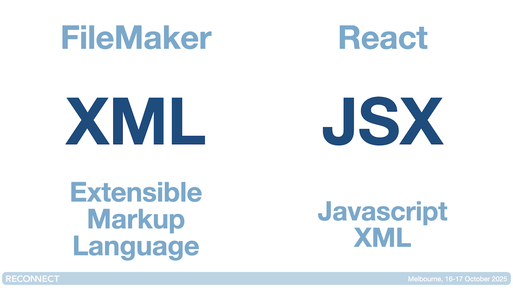 FileMaker decribes it's layouts using XML. React apps use JSX - Javascript XML
