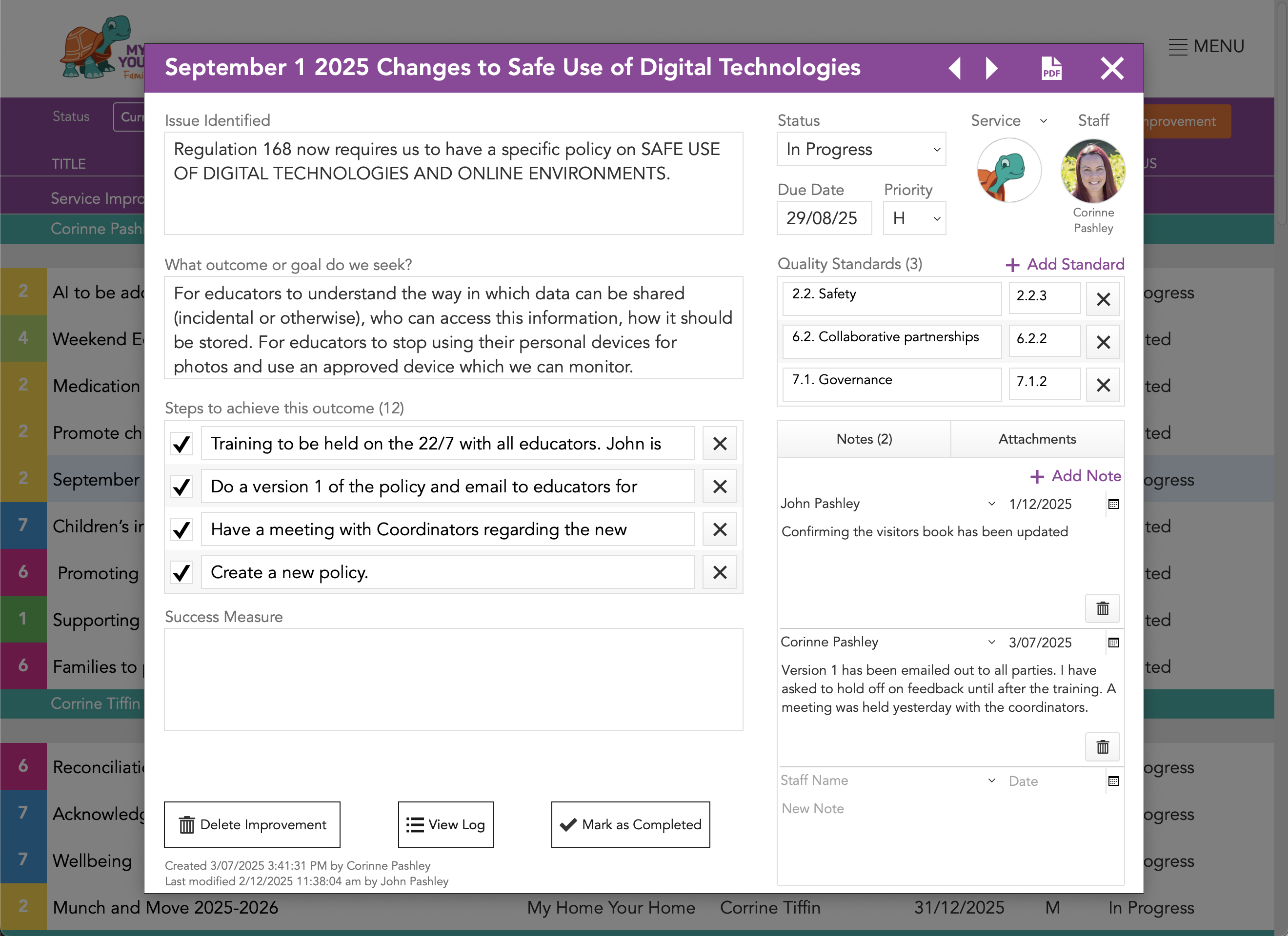 Screenshot of Em's Quality Improvement Plan screen, showing an open improvement